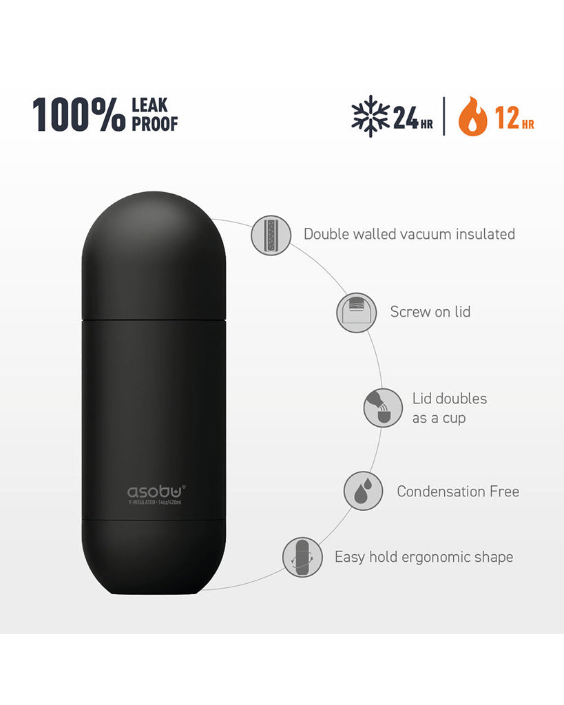 Asobu 14oz/420ml Orb Insulated Stainless Steel Bottle - Black