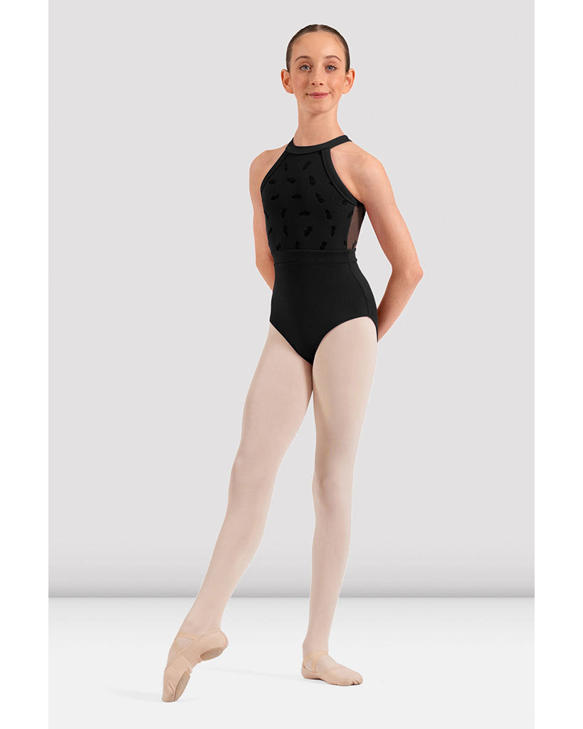 Bloch Ella High Neck Flocked Floral Mesh Open Back Sleeveless Leotard - CL40016 Girls