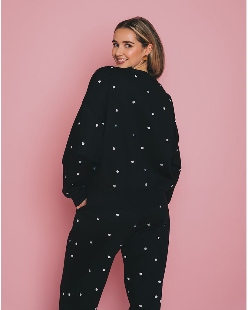 Brunette the Label All Over Tiny Heart Girlfriend Crew Sweatshirt - Womens - Black / White