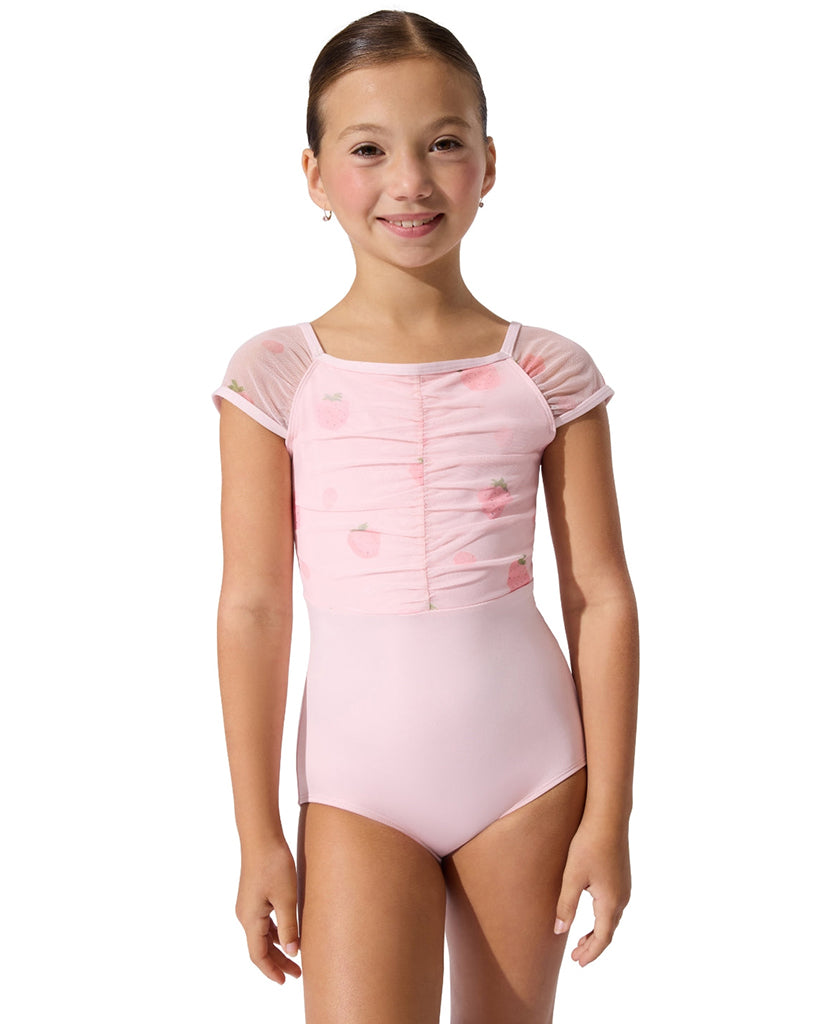 Capezio Strawberry Print Mesh Ruched Bodice Cap Sleeve Leotard - F12634C Girls
