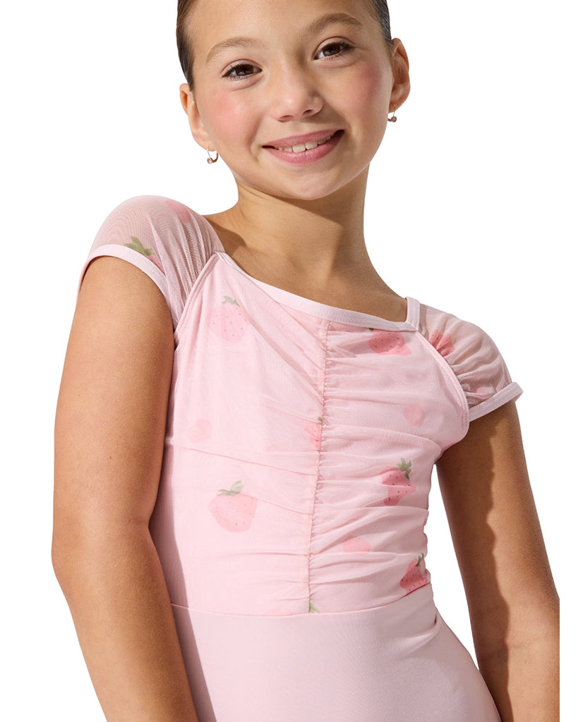 Capezio Strawberry Print Mesh Ruched Bodice Cap Sleeve Leotard - F12634C Girls