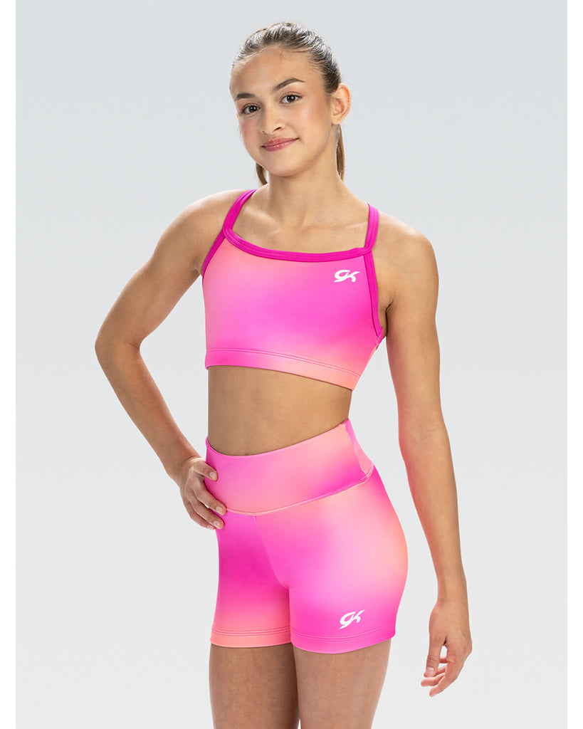 GK Elite Sunrise Glow Gymnastics Bra Top - E5317C Girls - Berry/Peach Hazy Print