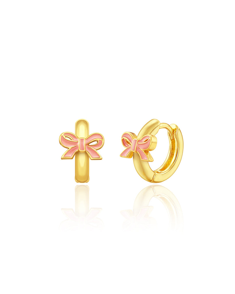 Girl Nation Pink Bow Earlets 18K Gold Plated Girl Huggie Earrings