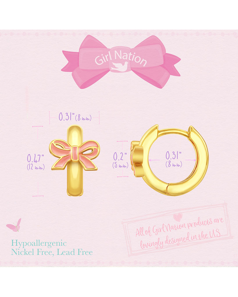 Girl Nation Pink Bow Earlets 18K Gold Plated Girl Huggie Earrings