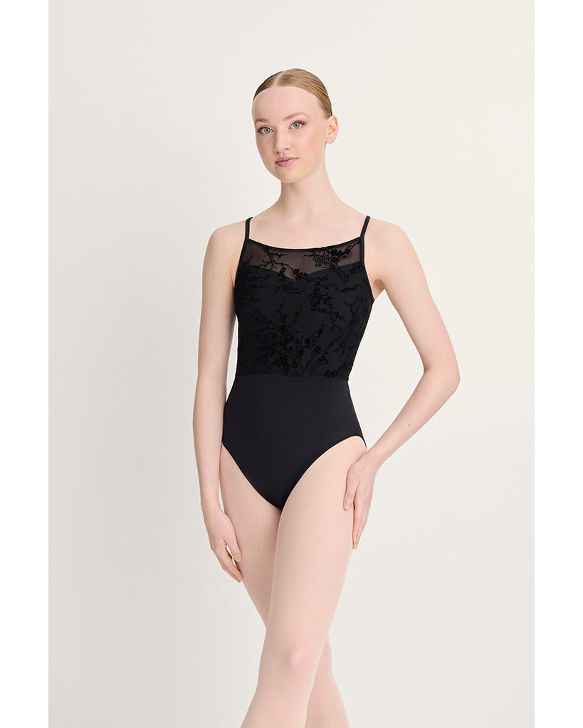 Intermezzo Galatea Pinch Front Mesh Floral Velvet Flocked Overlay Camisole Leotard - 31715 Womens