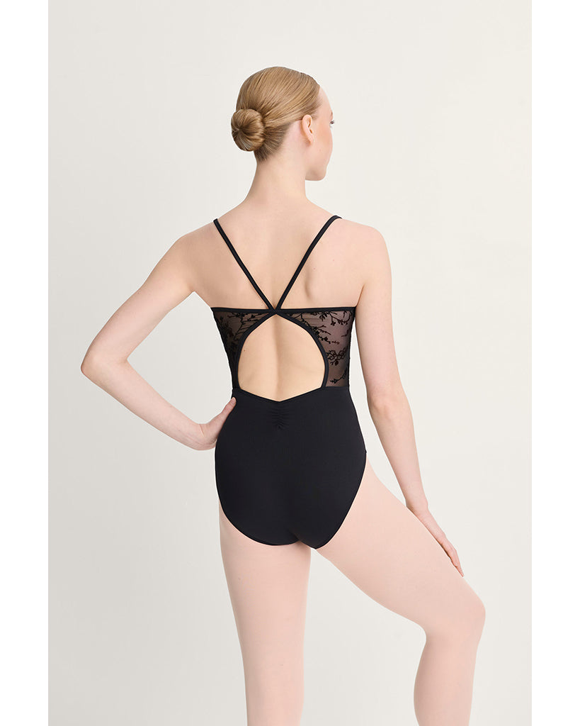 Intermezzo Galatea Pinch Front Mesh Floral Velvet Flocked Overlay Camisole Leotard - 31715 Womens
