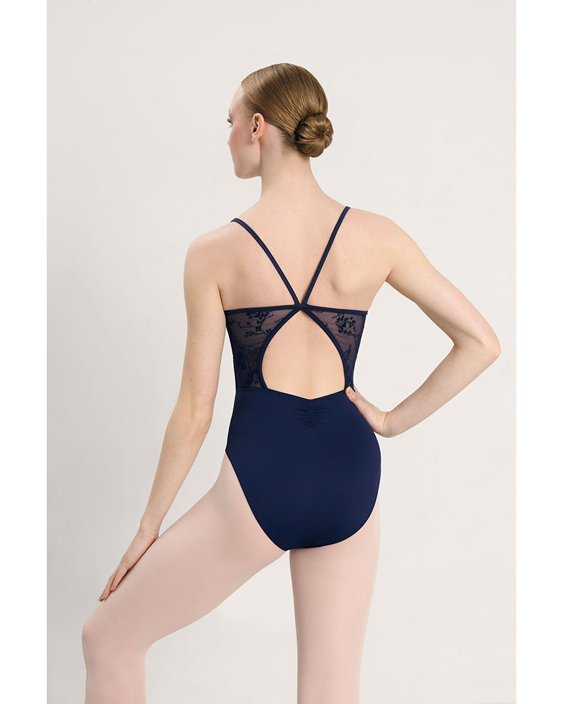 Intermezzo Galatea Pinch Front Mesh Floral Velvet Flocked Overlay Camisole Leotard - 31715 Womens