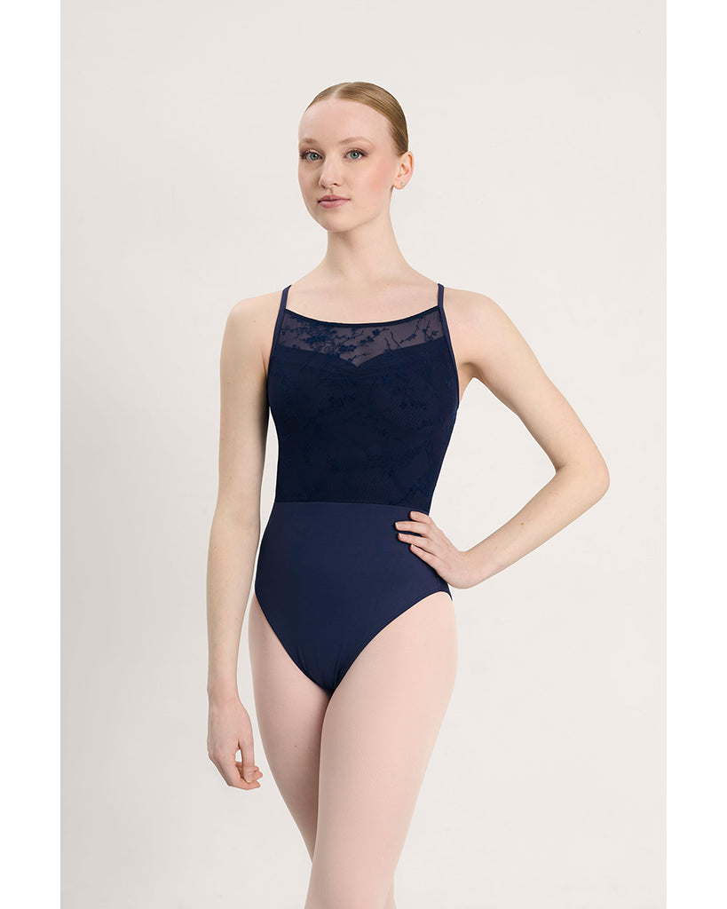 Intermezzo Galatea Pinch Front Mesh Floral Velvet Flocked Overlay Camisole Leotard - 31715 Womens