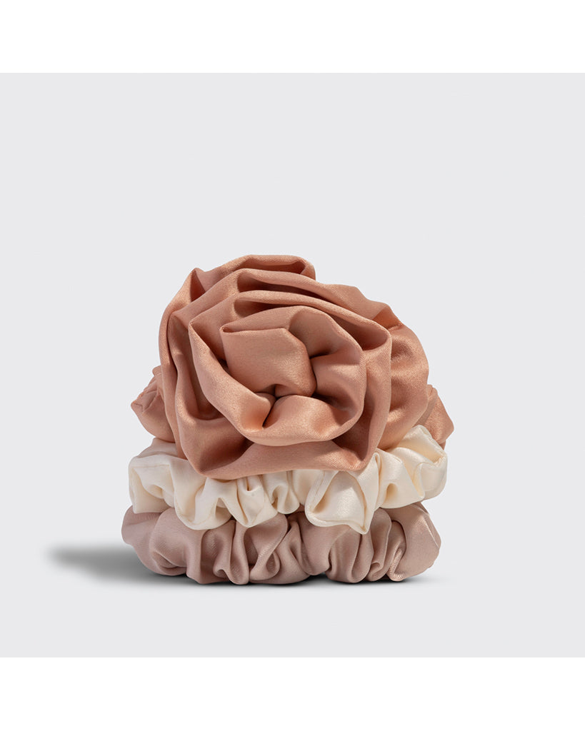 Kitsch Rosette Ruched Satin Scrunchies 3 pc Set - Terracotta