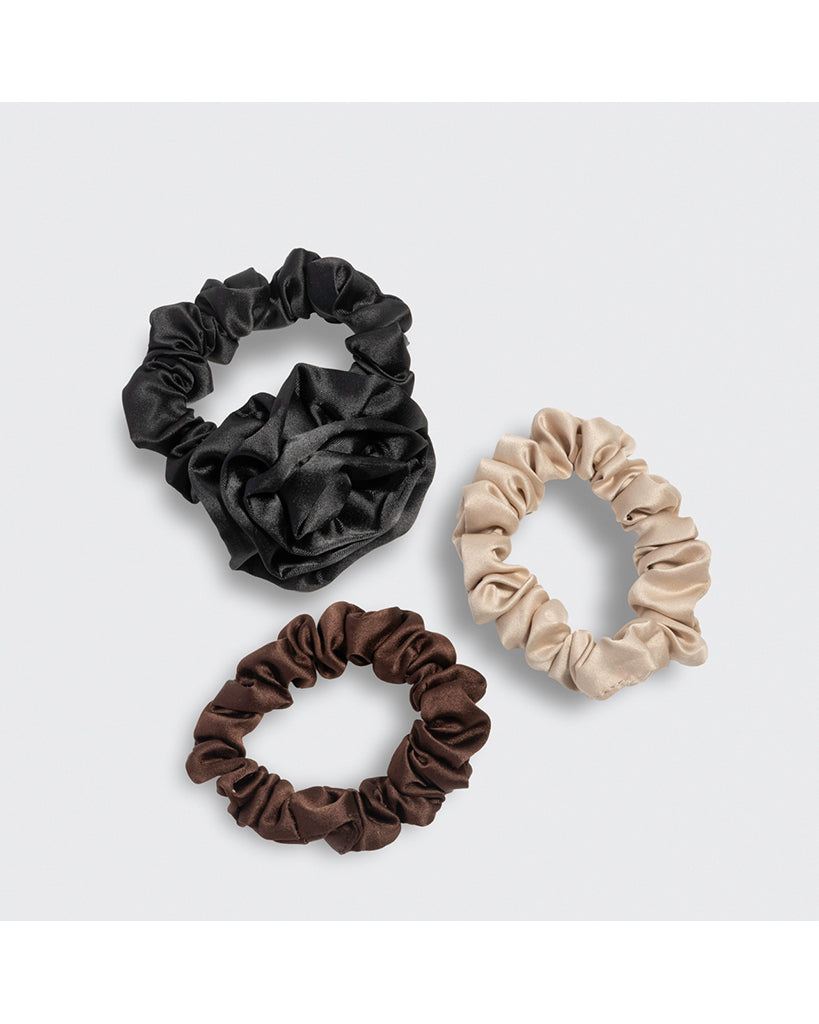 Kitsch Rosette Ruched Satin Scrunchies 3 pc Set - Black