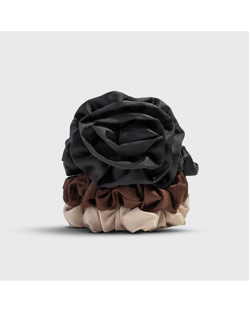 Kitsch Rosette Ruched Satin Scrunchies 3 pc Set - Black