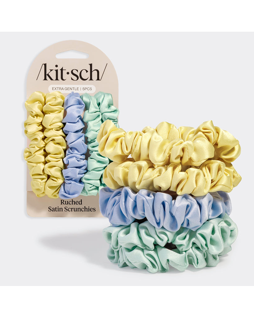 Kitsch Ruched Satin Scrunchies 5pc Set - Coastal Multi-Colour