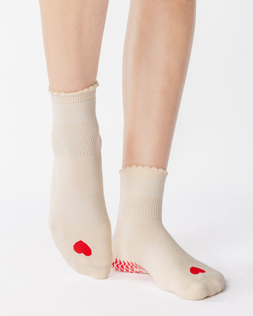Pointe Studio Love Ankle Grip Sock - No Slip Cotton Blend for Pilates & Barre - Womens - Cream / Red