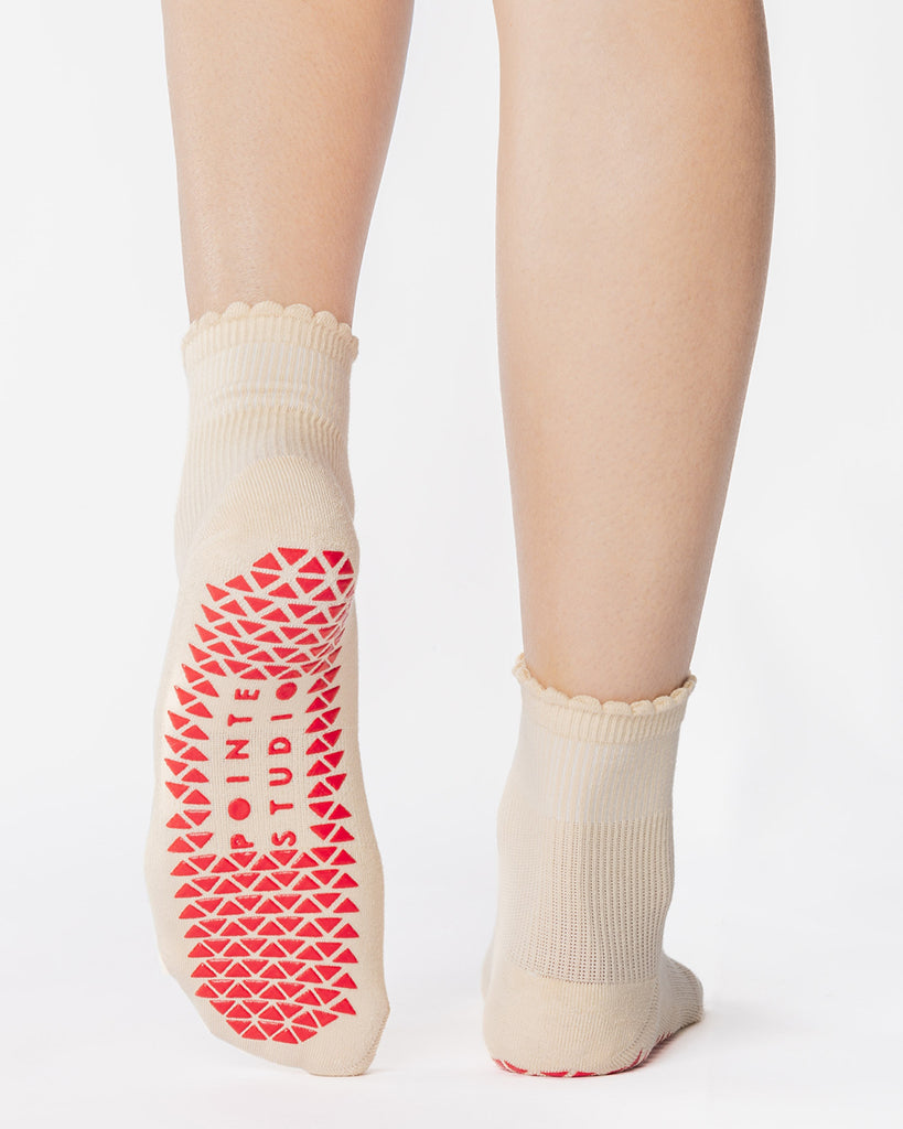 Pointe Studio Love Ankle Grip Sock - No Slip Cotton Blend for Pilates & Barre - Womens - Cream / Red