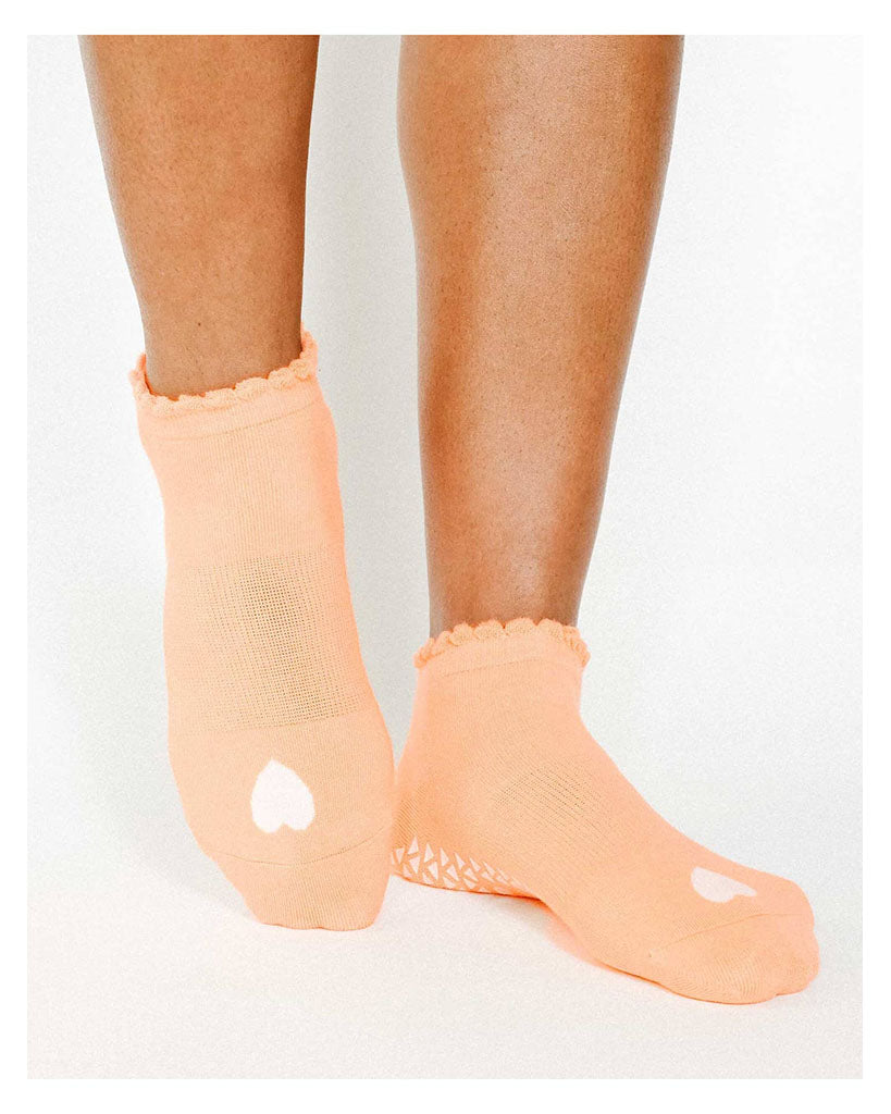 Pointe Studio Love Full Foot Grip Sock - No Slip Cotton Blend for Pilates & Barre - Apricot Womens