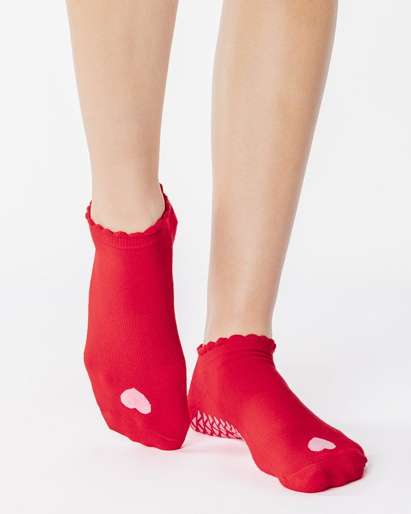 Pointe Studio Love Full Foot Grip Sock - No Slip Cotton Blend for Pilates & Barre - Womens - Red