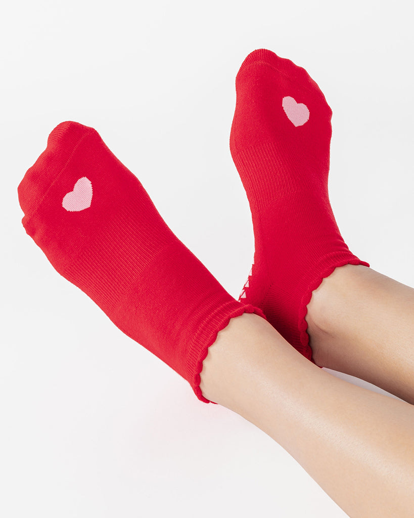 Pointe Studio Love Full Foot Grip Sock - No Slip Cotton Blend for Pilates & Barre - Womens - Red