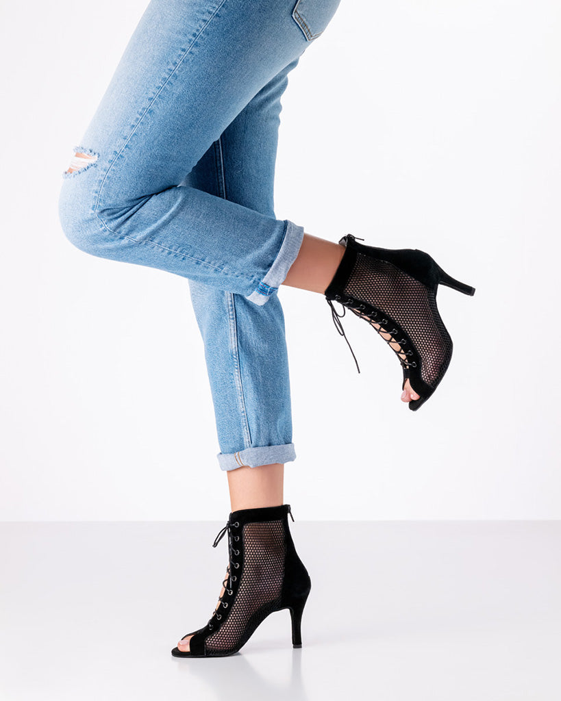 Werner Kern Regine Black Suede Leather Supple Mesh 7.5 cm Heel Laced Ankle Boot Dance Shoes - 981-75 Womens