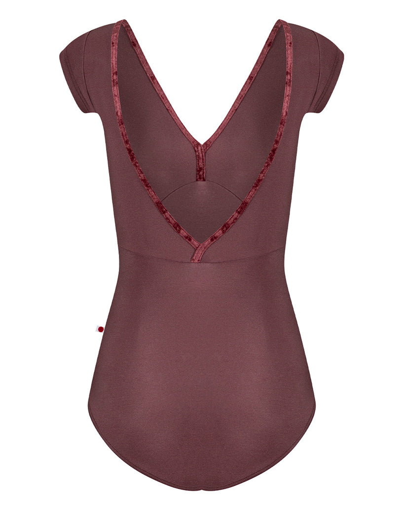 Yumiko Alicia with Crushed Velvet Trim Double V Front & Back Cap Sleeve Leotard - Womens - Phoenix / Garnet