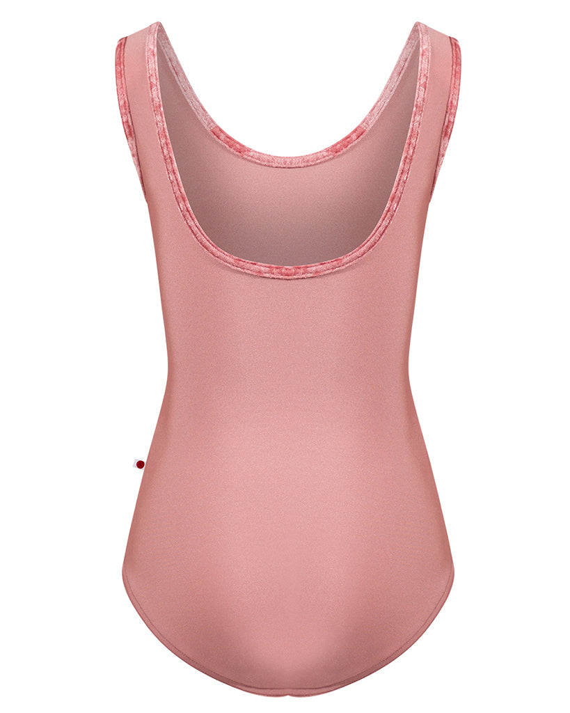 Yumiko Anna with Crushed Velvet Trim Classic Scoop Neck and Back Tank Leotard - Girls - Antique Rose / Romance