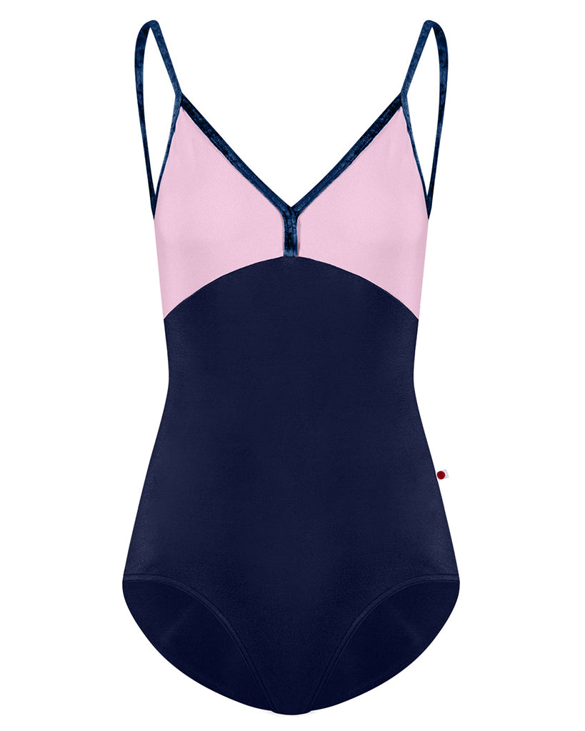 Yumiko Daria with Crushed Velvet Trim V Neck Camisole Leotard - Girls - Dark Blue / Confetti