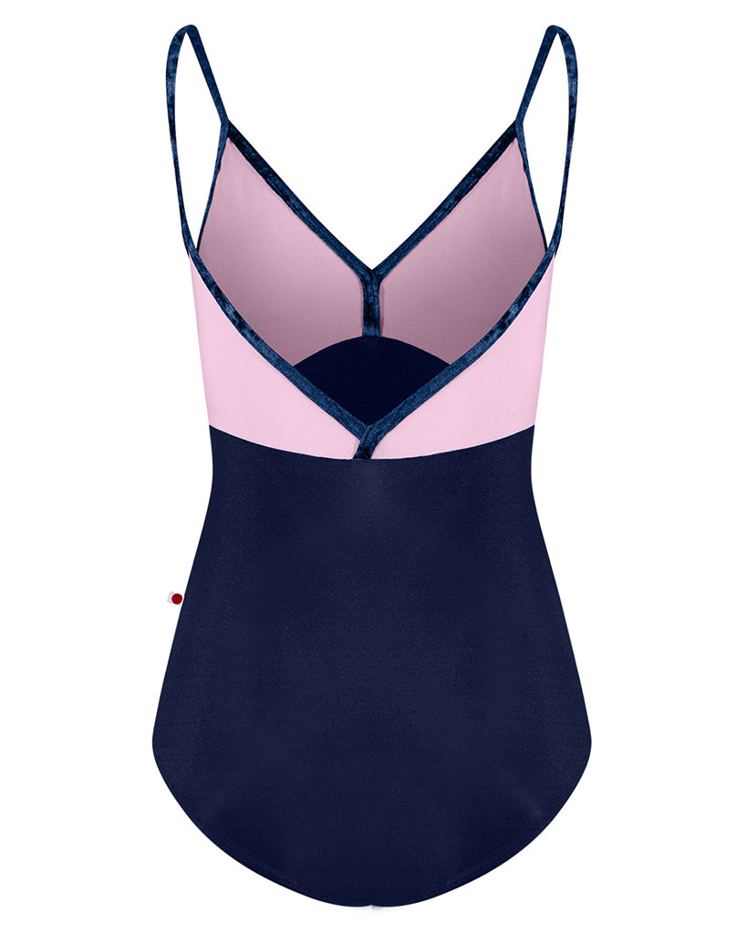 Yumiko Daria with Crushed Velvet Trim V Neck Camisole Leotard - Girls - Dark Blue / Confetti