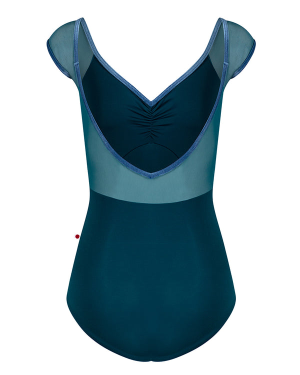 Yumiko Elli Pinch Front with Velvet Trim Mesh Cap Sleeve Leotard