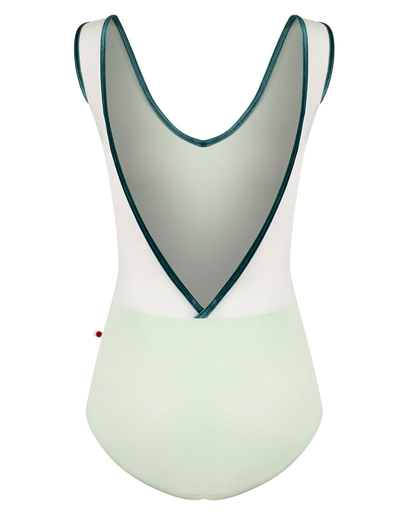Yumiko Gina with Velvet Trim and Mesh Open V Back Sleeveless Leotard - Womens - Pistachio / White / Orbit