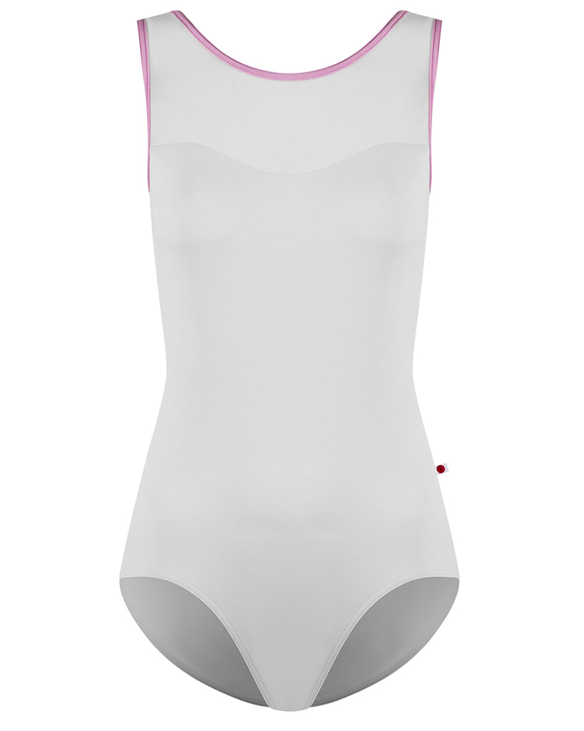Yumiko Jane with Mesh High Schoop Neck V-Back Sleeveless Leotard - Womens - White / Confetti
