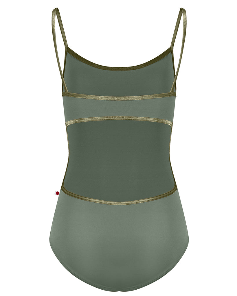Yumiko Kiki with Velvet Trim Pinch Front Cut Out Back Camisole Leotard - Womens - Sage / Safari