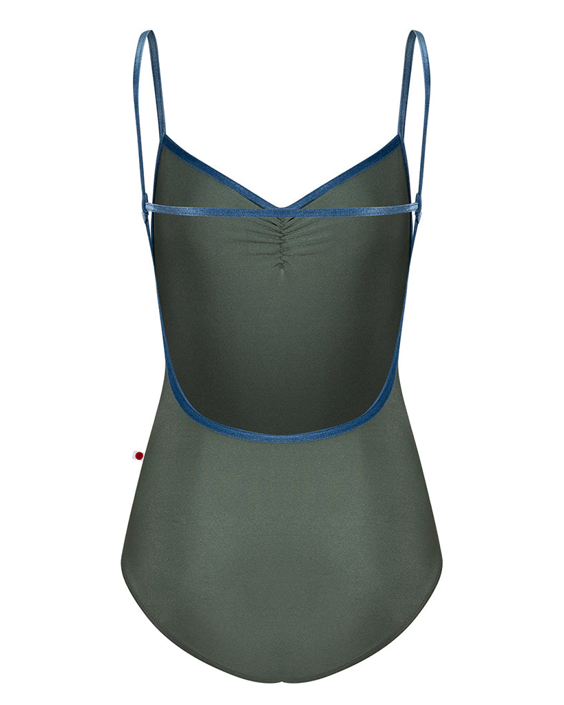 Yumiko Tamara with Velvet Trim Horizontal Strap Low Back Camisole Leotard - Womens - Sage / Ocean
