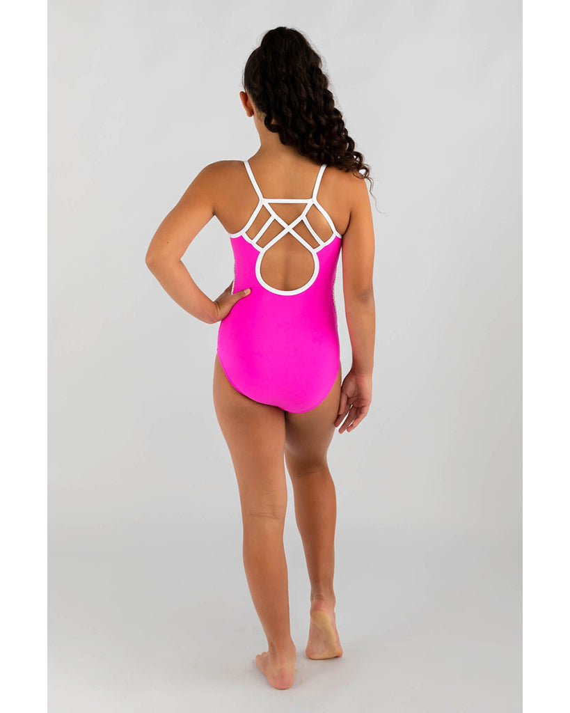 Sylvia P Carter Mesh Side Panel Camisole Gymnastic Leotard - Girls - Neon Pink / White