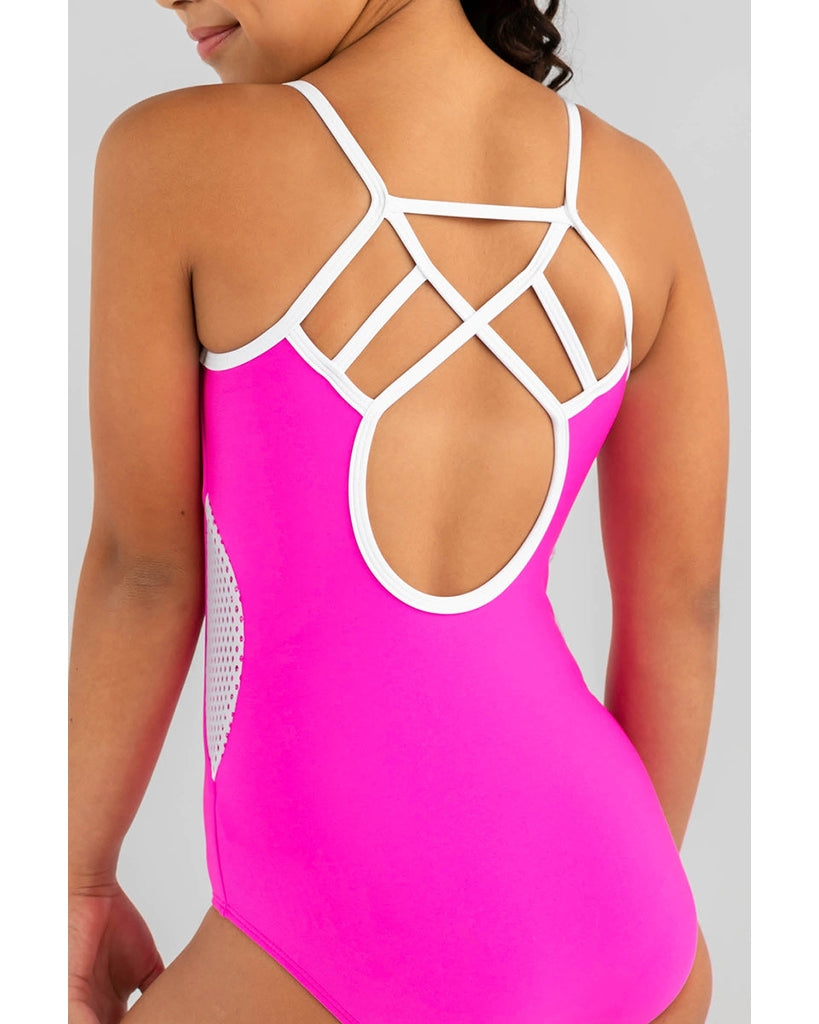 Sylvia P Carter Mesh Side Panel Camisole Gymnastic Leotard - Girls - Neon Pink / White
