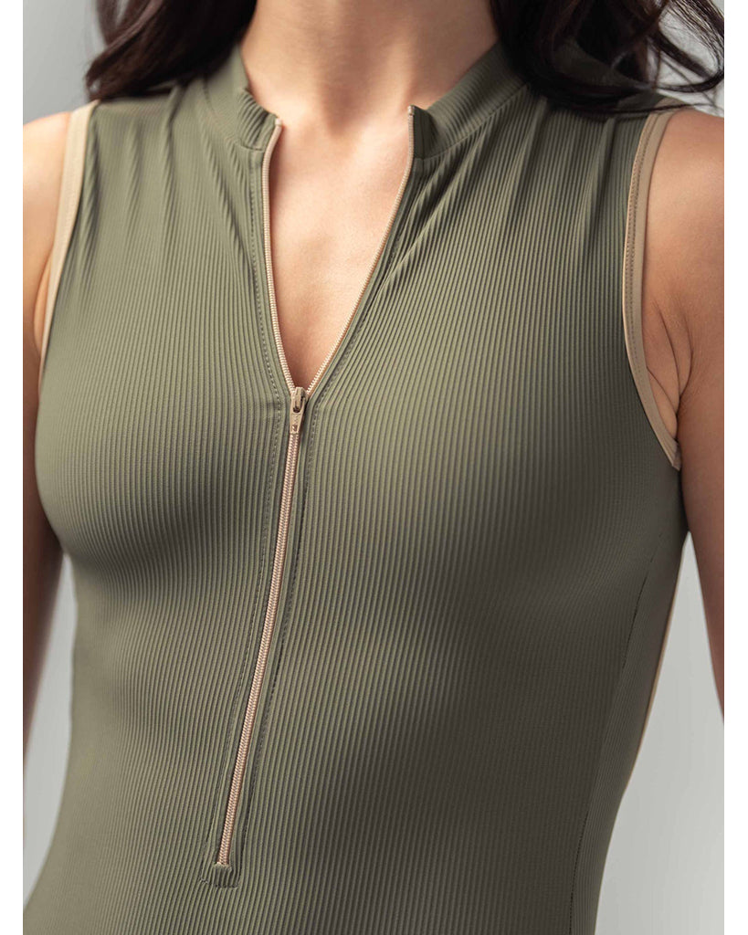 Mara Dancewear Aura Zip Front Mock Neck High Compression Ribbed Sleeveless Leotard - Deep Green