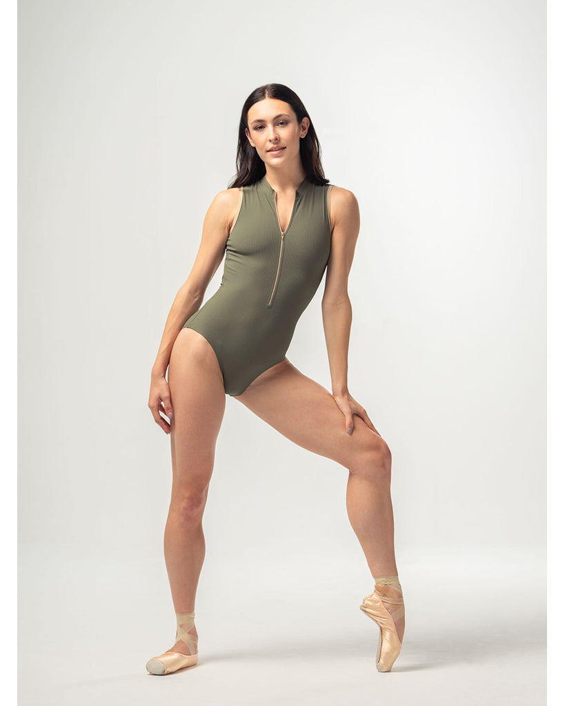 Mara Dancewear Aura Zip Front Mock Neck High Compression Ribbed Sleeveless Leotard - Deep Green