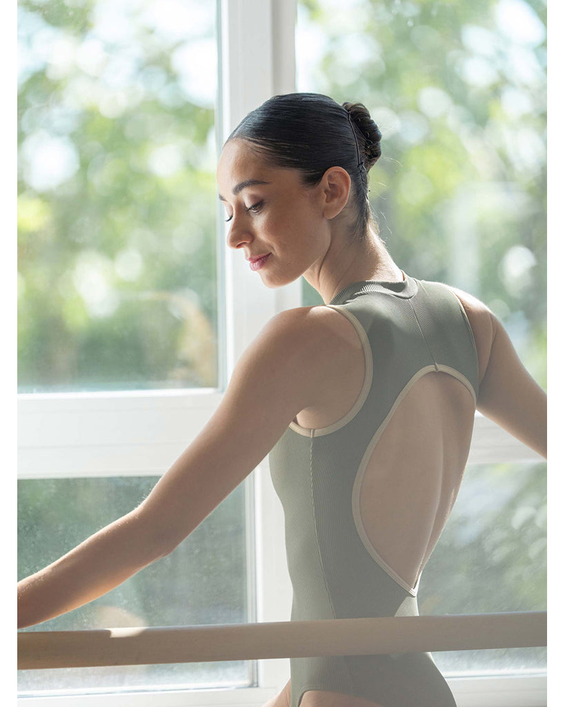 Mara Dancewear Aura Zip Front Mock Neck High Compression Ribbed Sleeveless Leotard - Deep Green