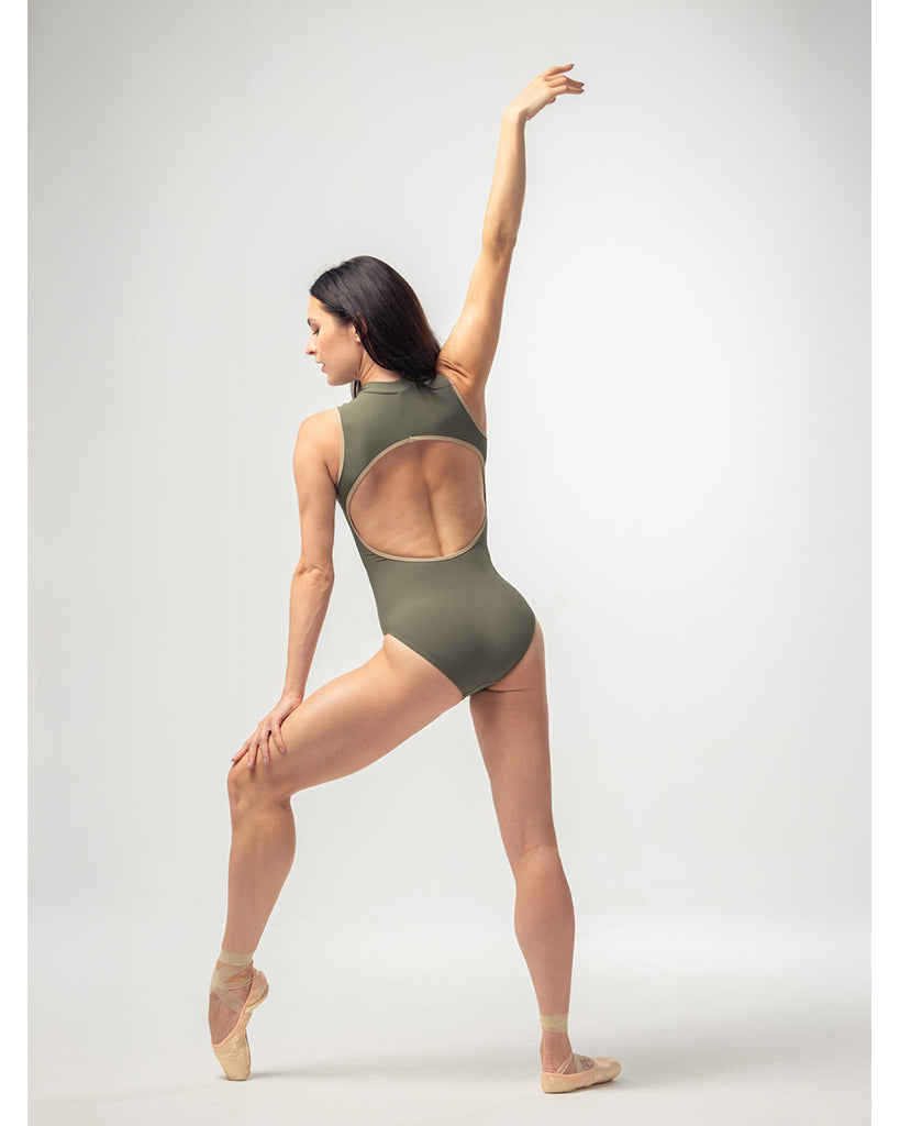 Mara Dancewear Aura Zip Front Mock Neck High Compression Ribbed Sleeveless Leotard - Deep Green