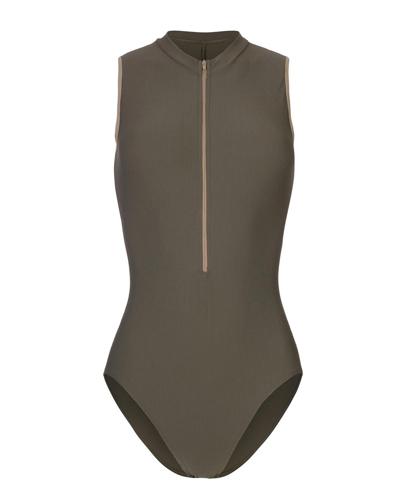 Mara Dancewear Aura Zip Front Mock Neck High Compression Ribbed Sleeveless Leotard - Deep Green