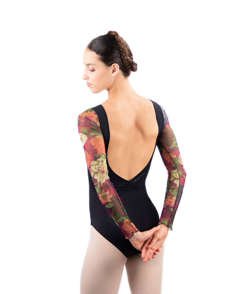 Ballet Rosa Valentina Low Pinch Back Floral Mesh Long Sleeve Leotard - Womens - Aquarelle Print