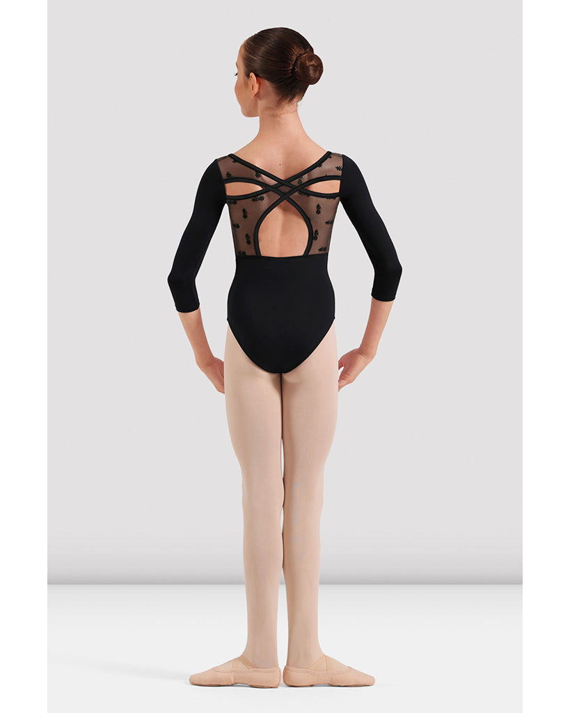 Bloch Avery Flocked Floral Mesh Cross Back 3/4 Sleeve Leotard - CL60005 Girls