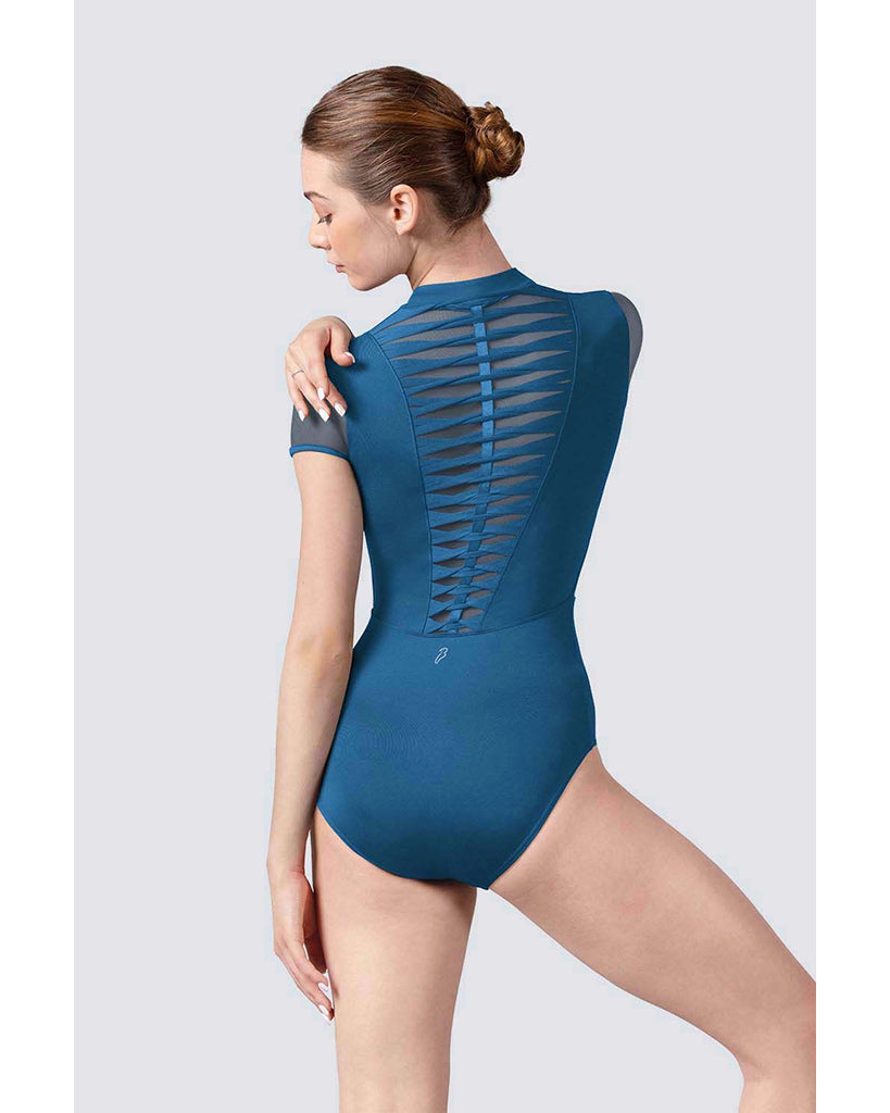 Bloch Ffion High Neck Zip Front Back Weave Detail Mesh Short Sleeve Leotard - L5292 Womens