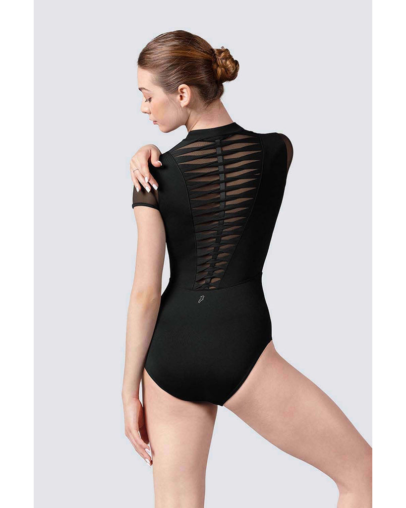 Bloch Ffion High Neck Zip Front Back Weave Detail Mesh Short Sleeve Leotard - L5292 Womens