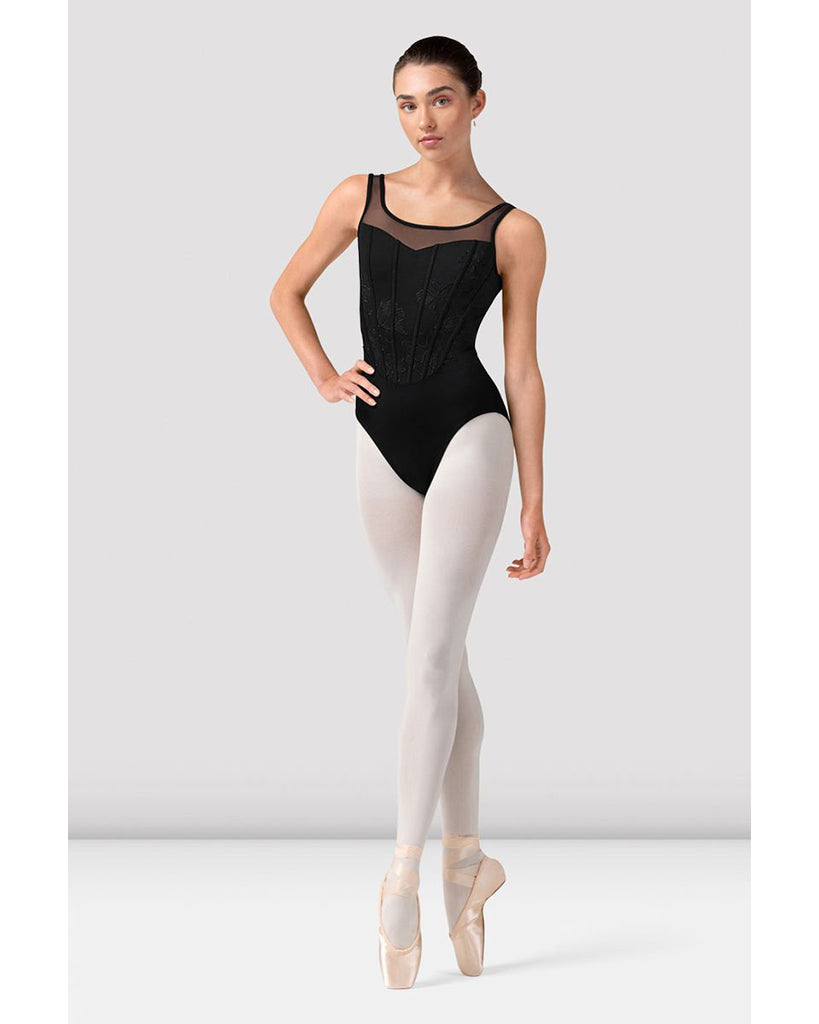 Bloch Isabella Sweetheart Neck Embroidered Floral Corset Style Bodice Scoop Mesh Back Tank Leotard - L50002 Womens - Black