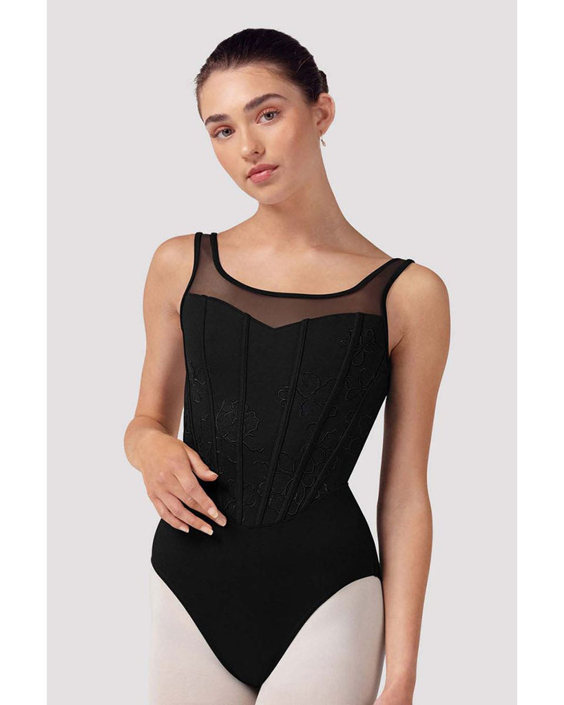 Bloch Isabella Sweetheart Neck Embroidered Floral Corset Style Bodice Scoop Mesh Back Tank Leotard - L50002 Womens - Black