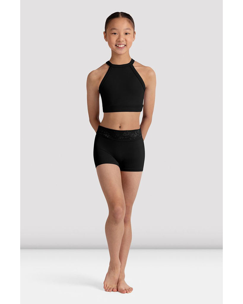 Bloch Modena High Neck Long Line Embroidered Mesh Keyhole Mesh Back Crop Top - CZ30008 Girls