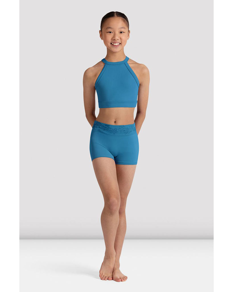 Bloch Modena High Neck Long Line Embroidered Mesh Keyhole Mesh Back Crop Top - CZ30008 Girls