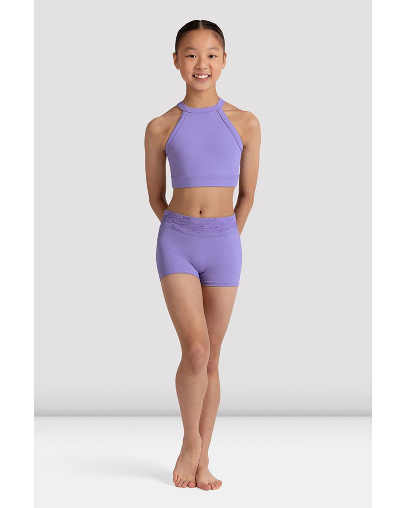 Bloch Modena High Neck Long Line Embroidered Mesh Keyhole Mesh Back Crop Top - CZ30008 Girls