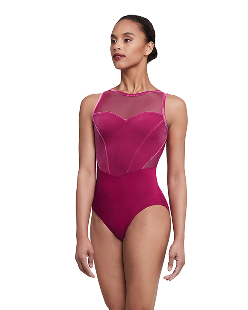 Bloch Sofia High Neck Sweetheart Mesh Seamed Velvet Bodice Open Back Tank Leotard - TWL5685 Girls