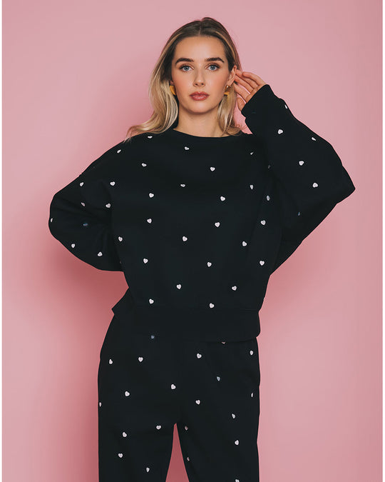 Brunette the Label All Over Tiny Heart Girlfriend Crew Sweatshirt - Womens - Black / White