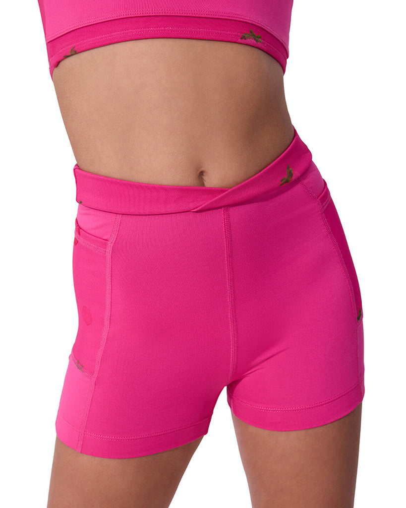 Capezio Berry Mindful Criss-Cross Strawberry Print Mesh High Waisted Shorts - F12638C Girls